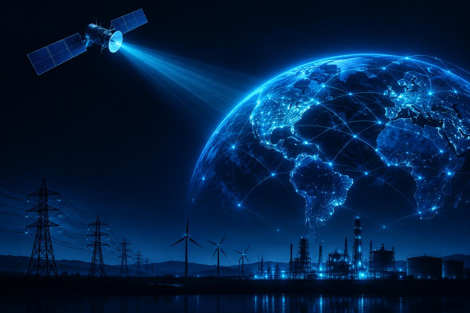 Satellite beaming connectivity to a glowing networked Earth above power transmission lines, wind turbines and an industrial plant